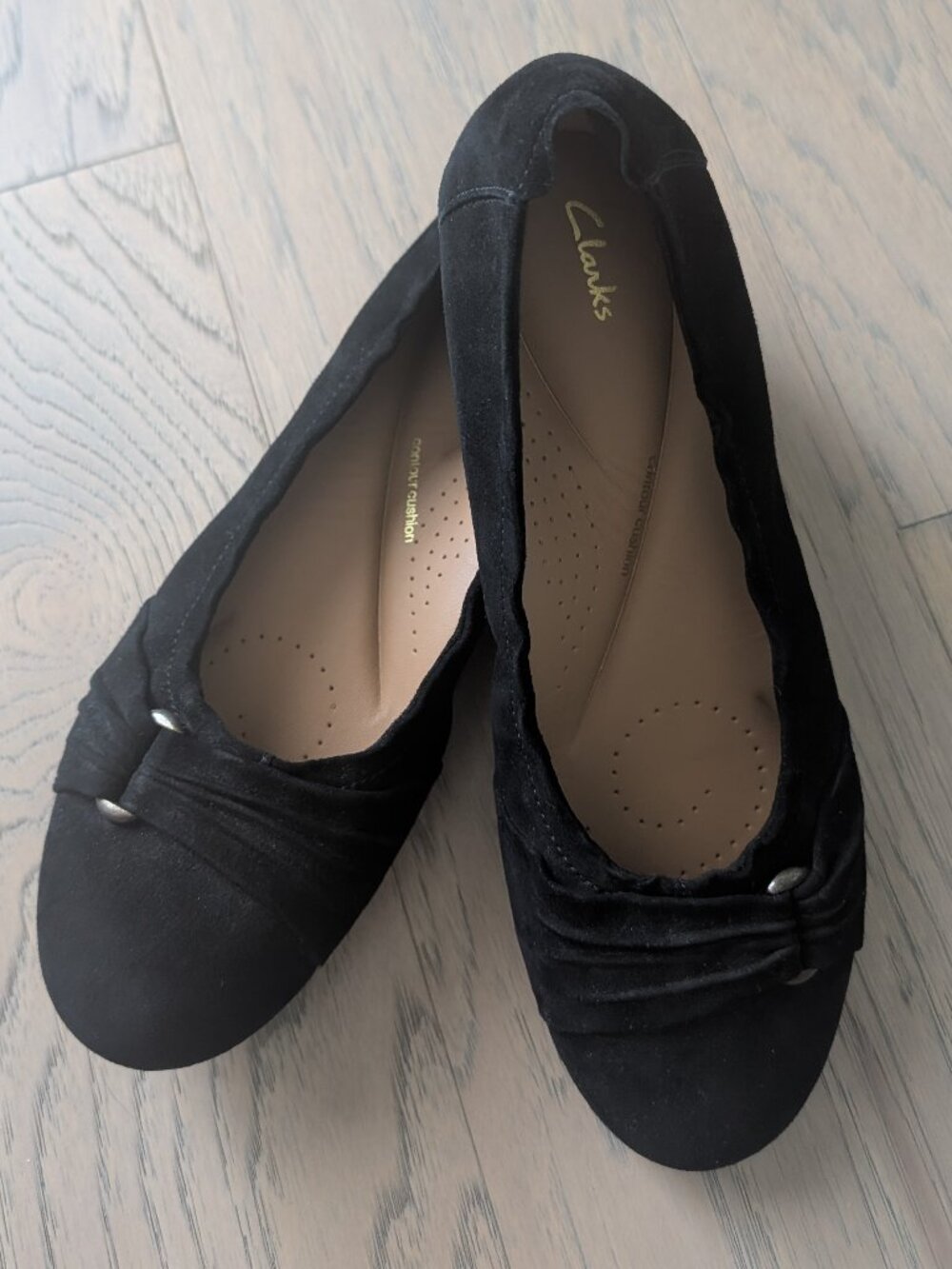 Clarks Rena Step Black Suede Flats, size 9M